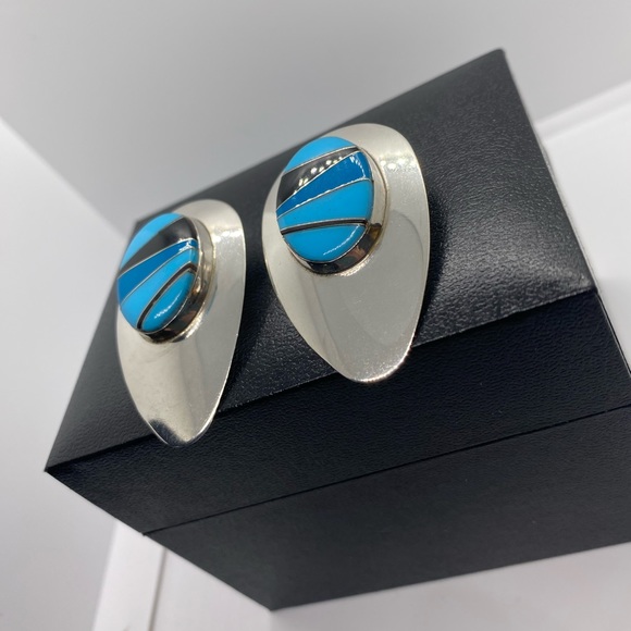 Sterling Silver Block Multi Stone Inlay Post Earrings SIGNED turquoise Navajo - Picture 15 of 16